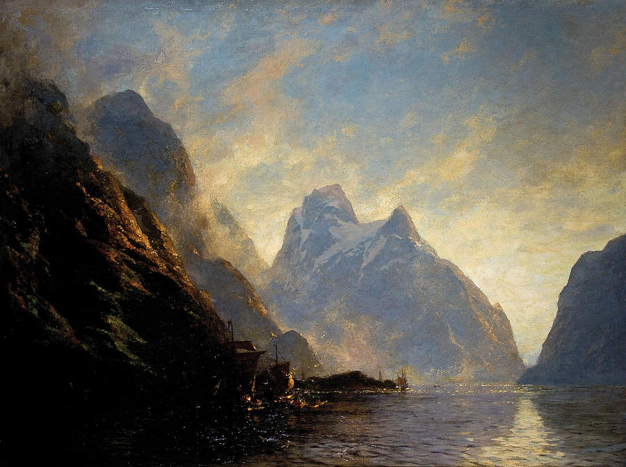 Norwegian Fjord Landscape Painting by Carl August Heinrich Ferdinand Oesterley