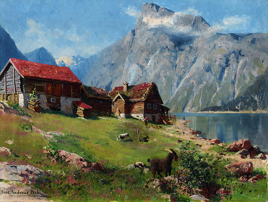 Norwegian fjord with goats Painting by Hans Andreas Dahl
