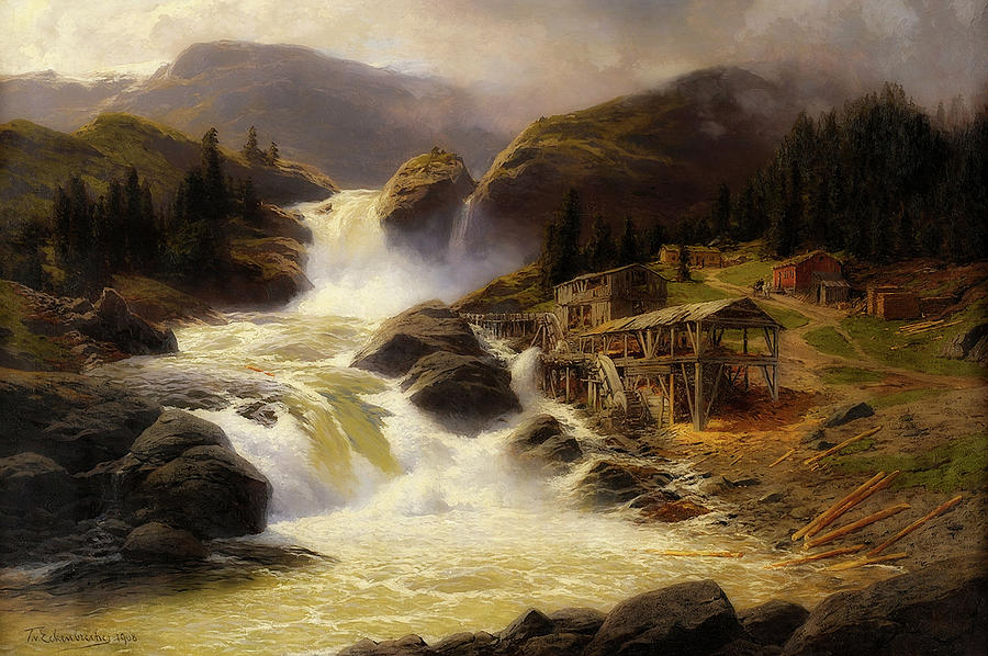 Mountain Painting - Norweigian Waterfall With Sawmill by Mountain Dreams