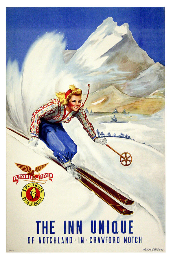 Mountain Painting - Notchland, mountains, winter, ski girl, travel poster by Long Shot