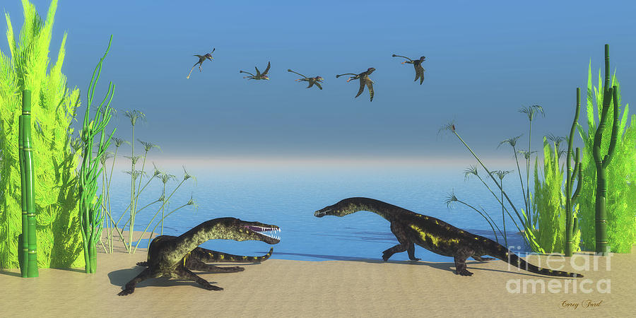 Prehistoric Digital Art - Nothosaurus Reptile Beach by Corey Ford