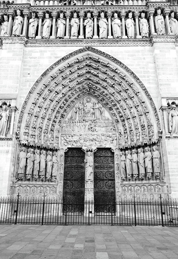 Notre Dame Cathedral Entrance Doors Arch Friezes and Statues Paris France Black and White Photograph by Shawn OBrien