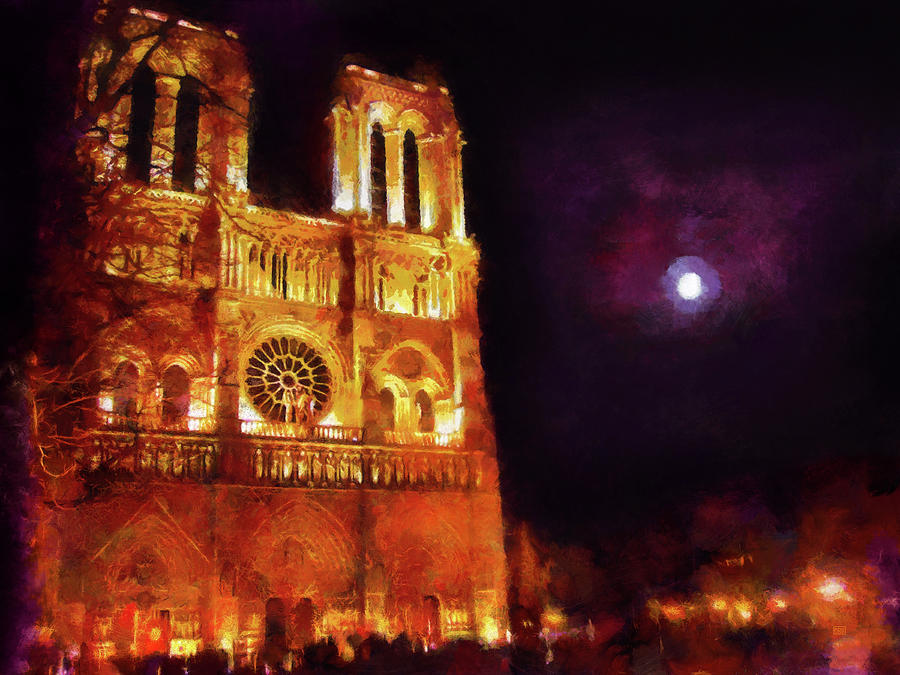 Notre Dame Painting - Notre Dame in the Autumn Moonlight by Menega Sabidussi