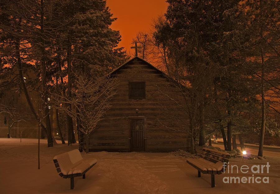 Notre Dame Log Chapel Winter Night Photograph by John Stephens