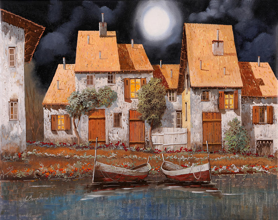 Houses Painting - Notte Di Luna Piena by Guido Borelli