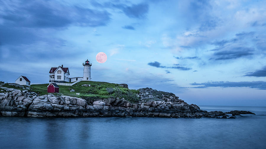 Nubble Blue Hour Strawberry Moon Photograph by Hershey Art Images