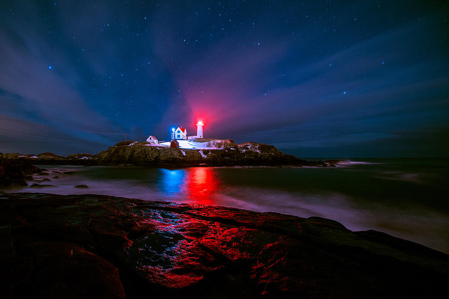 Nubble Light at Night Photograph by Geoffrey Bolte - Pixels