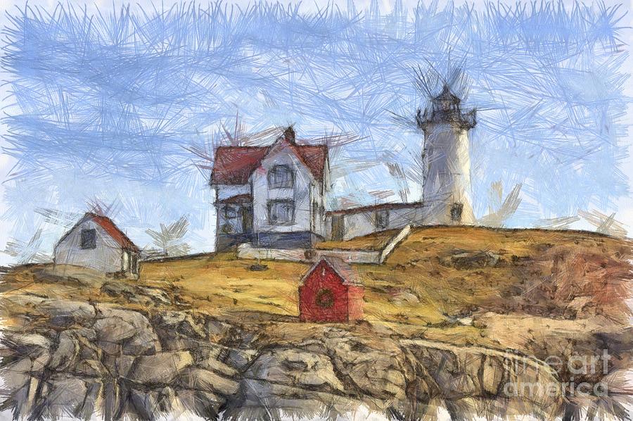Nubble Light Cape Neddick Lighthouse Sohier Park York Maine Pencil Photograph by Edward Fielding