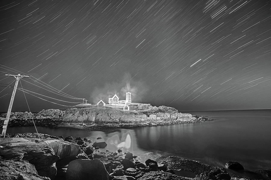 Nubble Light in York ME Hurtling Through Space Cape Neddick Black and White Photograph by Toby McGuire