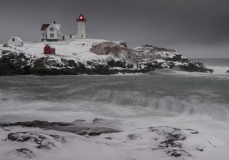 Nubble Light with snow Photograph by Hershey Art Images