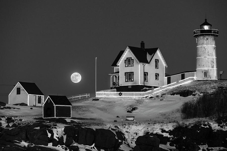 Nubble Lighthouse 2018 New Year Supermoon Cape Neddick Black and White Photograph by Toby McGuire