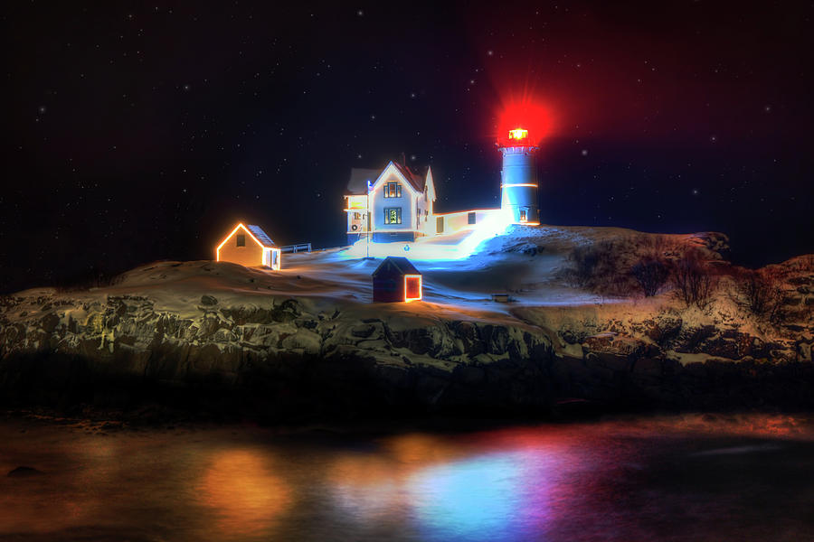 Nubble Lighthouse at Night - Cape Neddick Maine Photograph by Joann Vitali