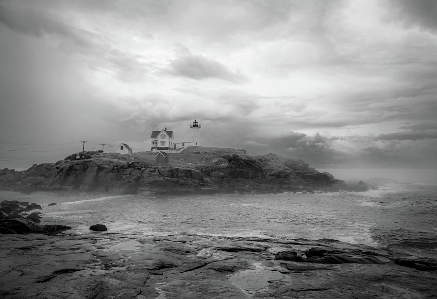 Nubble Lighthouse in Black and White Photograph by Michael Saunders
