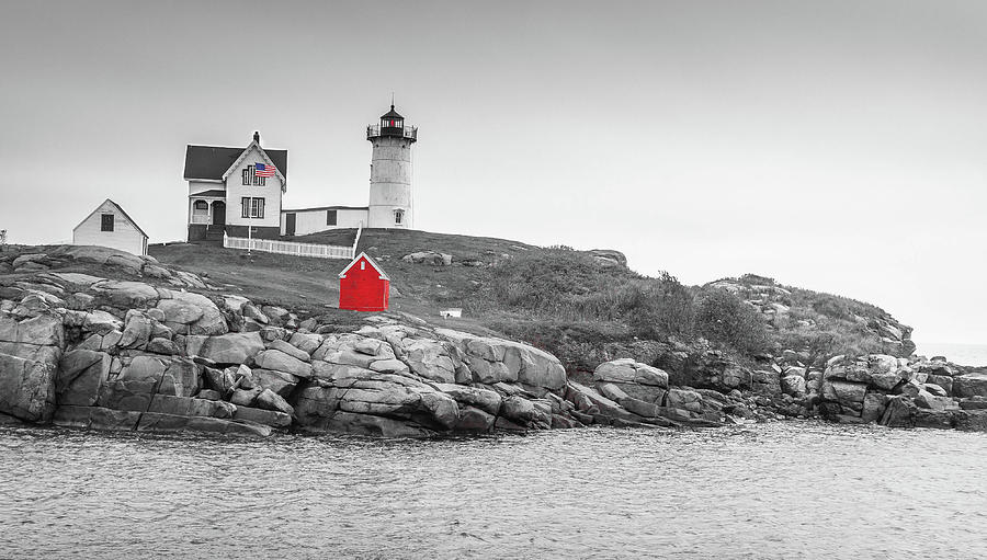 Nubble Lighthouse in color and black and white Photograph by Doug Camara