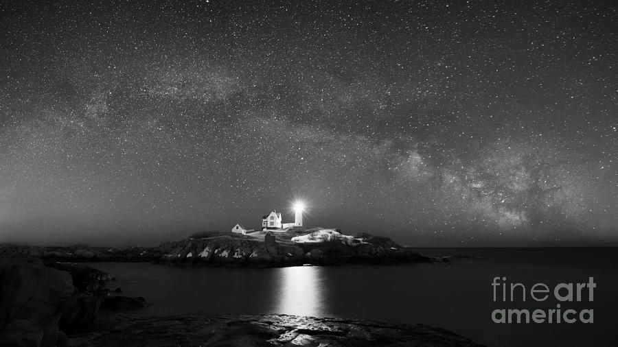 Nubble Lighthouse Milky Way Pano bw Photograph by Michael Ver Sprill