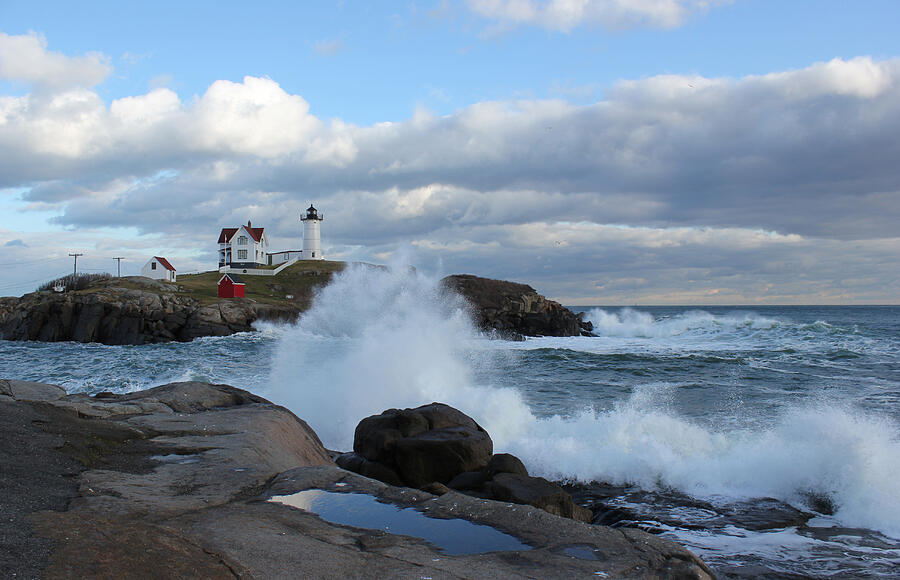 Nubble Lighthouse w/wave Photograph by Roland Strauss