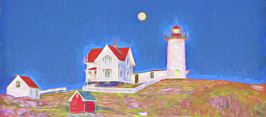 Nubble Lighthouse with Moon Digital Art by David Smith