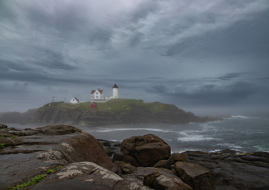 Nubble Lighthouse with Overcast Moody Sky Photograph by Michael Saunders