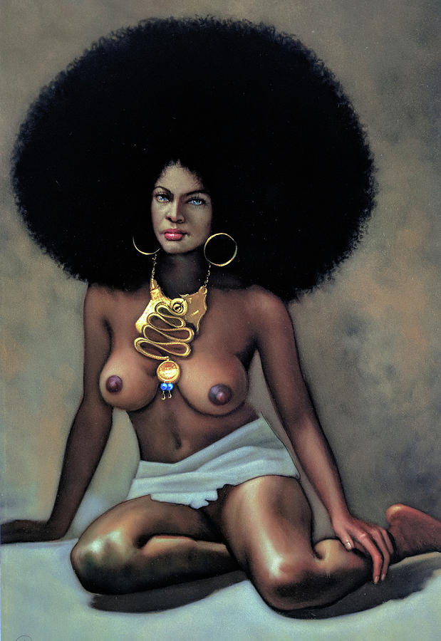 Vintage Black Lady Naked - Nude, Black Afro Woman 70's Vintage Style Original Oil Painting Velvet R60