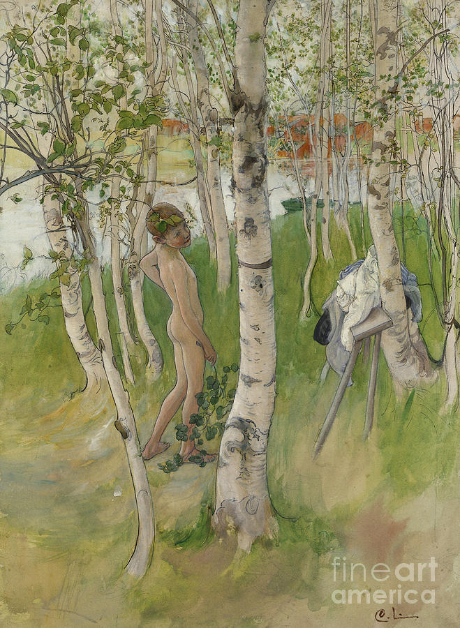 Nude Boy among Birches Painting by Carl Larsson