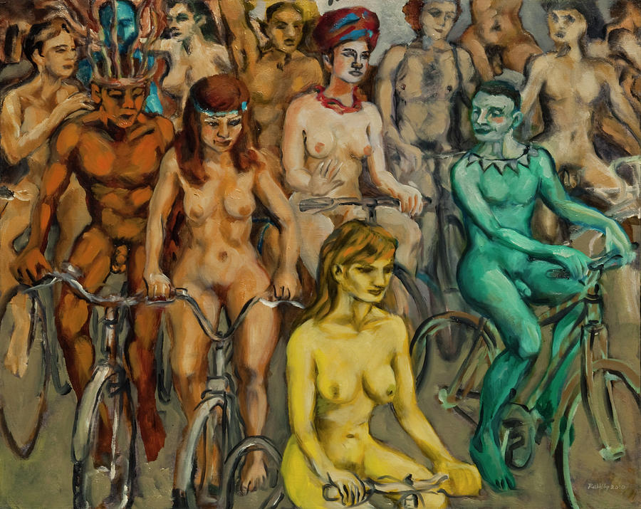Nude cyclists with bodypaint Painting by Peregrine Roskilly