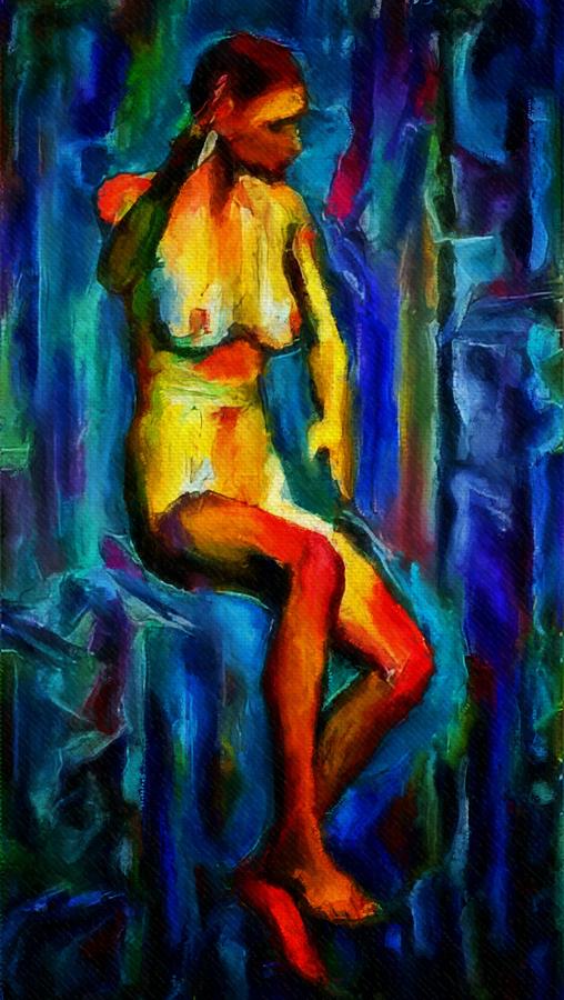 Nude female figure portrait artwork painting in blue vibrant rainbow colors and styles warm style undersea adventure in blue mythology siren women and not sensual Painting by MendyZ
