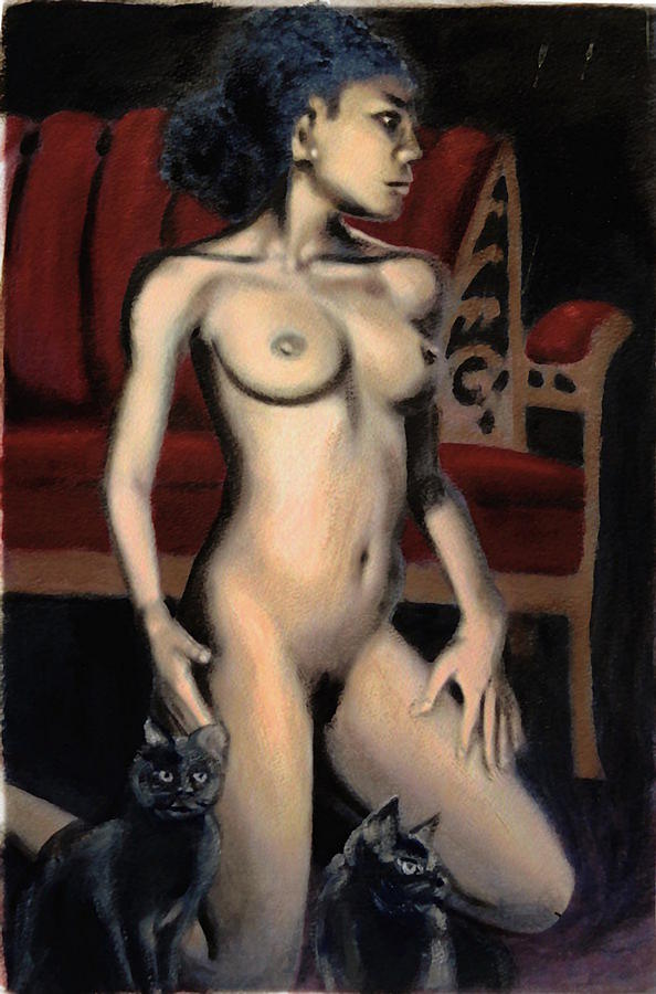 NUDE FEMALE Woman Kneeling with Cats Painting by G Linsenmayer