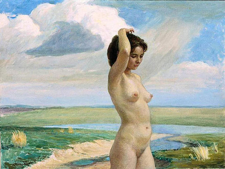 Nude In Summer Steppe Painting by Ji-qun Chen