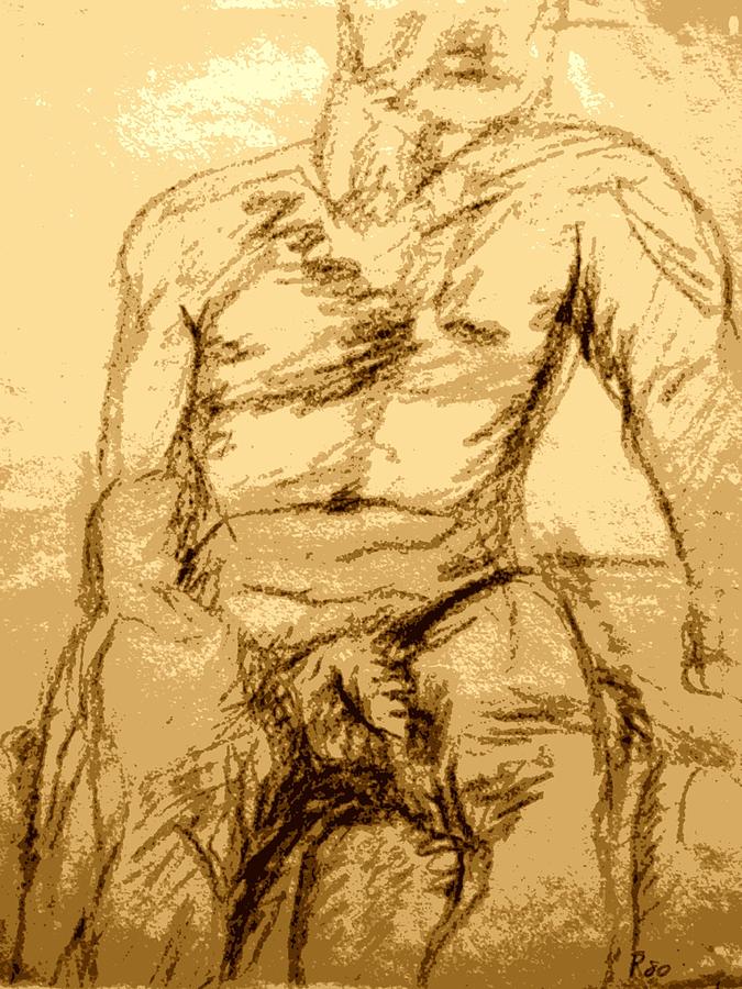 Nude Male Seated Front Drawing by Sheri Parris