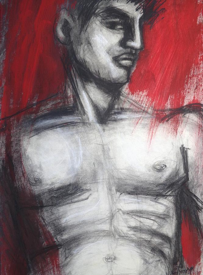 Nude Man Torso On Red Painting by Carmen Tyrrell