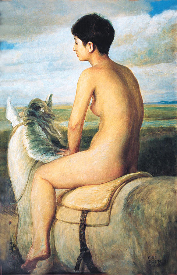 Nude On Horseback  Painting by Ji-qun Chen