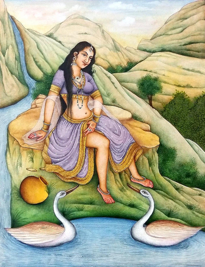 Nude Queen Bathing In The River Crane Indian miniature Watercolor Painting Baba Ramdeva  Painting by Ravi sharma