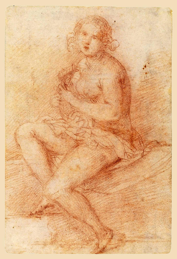Nude seated woman playing a lute Drawing by Giovanni Baglione