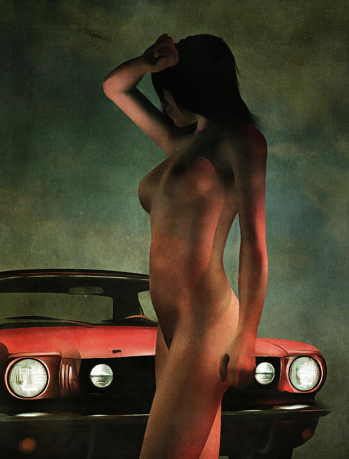 Nude standing before Ford Mustang Painting by Jan Keteleer