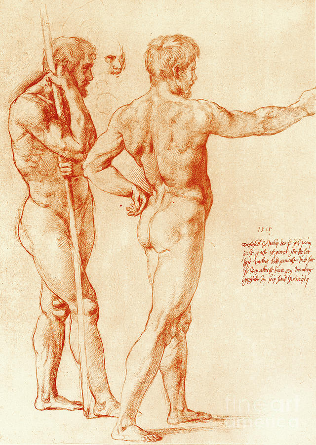 Raphael Drawing - Nude study of two warriors by Raphael