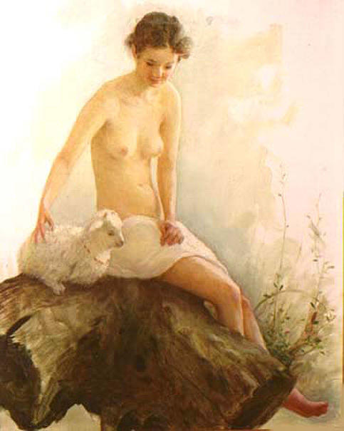 Nude With A Lamb Painting by Ji-qun Chen