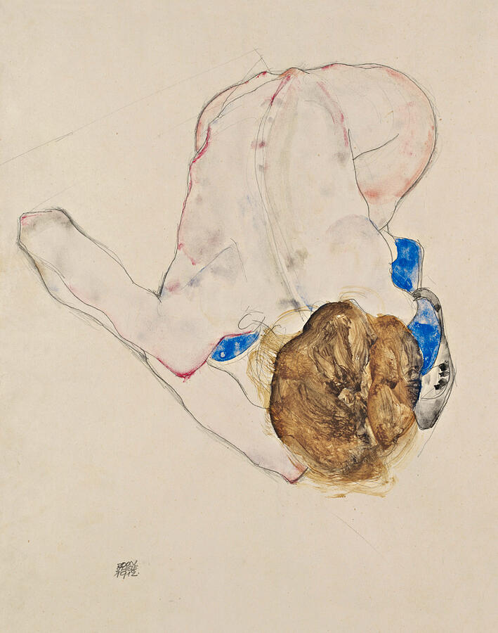 Nude with Blue Stockings, Bending Forward Drawing by Egon Schiele