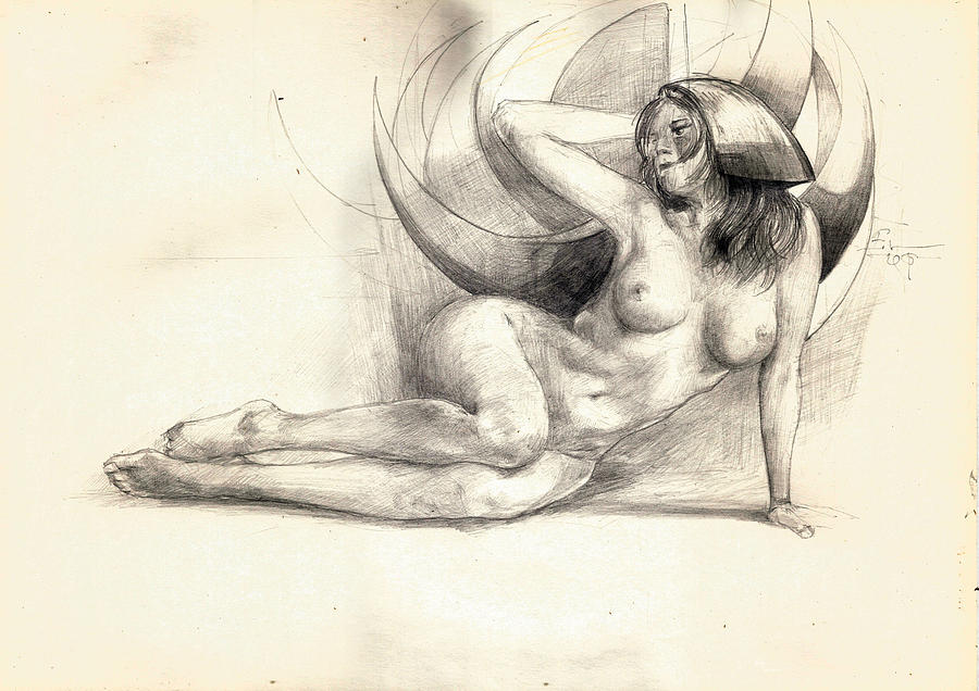 Black And White Painting - Nude with crescent by Ertan Aktas