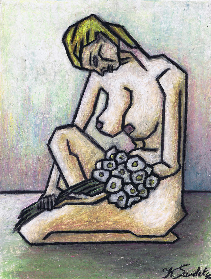 Flower Painting - Nude With White Flowers by Kamil Swiatek