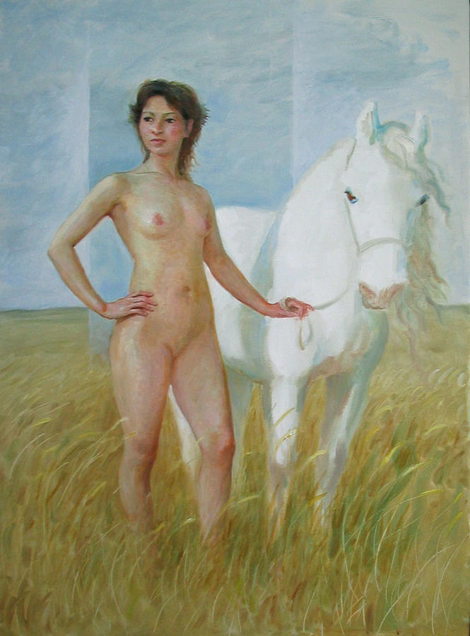 Nude With White Horse Painting by Ji-qun Chen