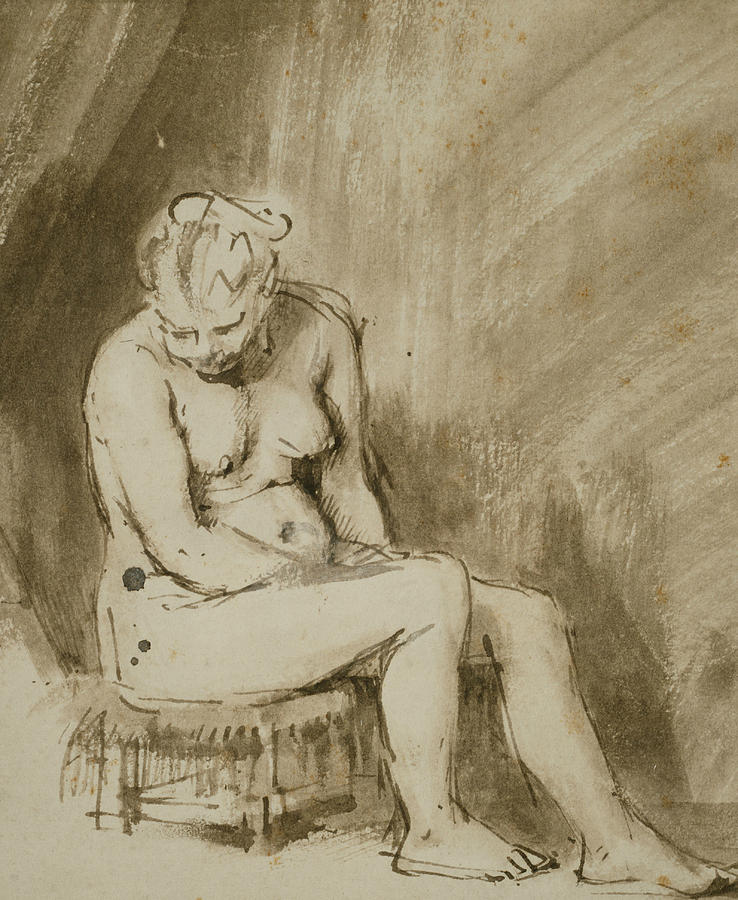 Nude Woman Seated on a Stool  Drawing by Rembrandt