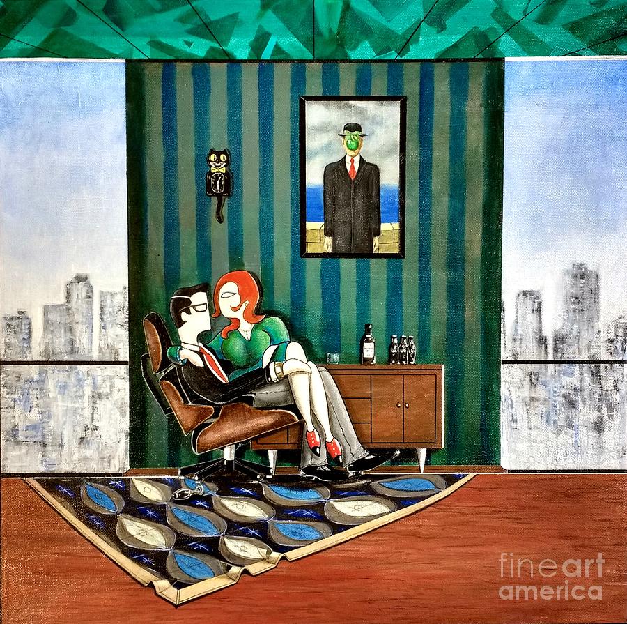 Executive Sitting in Chair with Girl Friday Painting by John Lyes