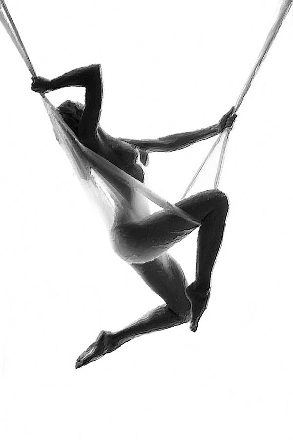 Nude Woman Suspended On Silk Black On White Painting by Tony Rubino
