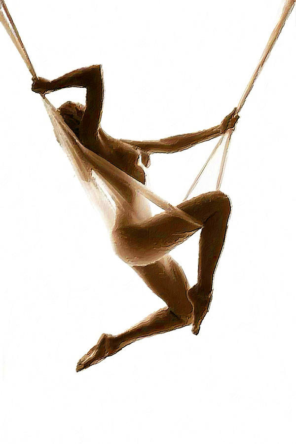 Nude Woman Suspended On Silk Sepia On White Painting by Tony Rubino