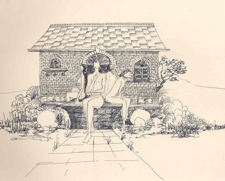 Nudes some rocks and a cottage Drawing by Padamvir Singh