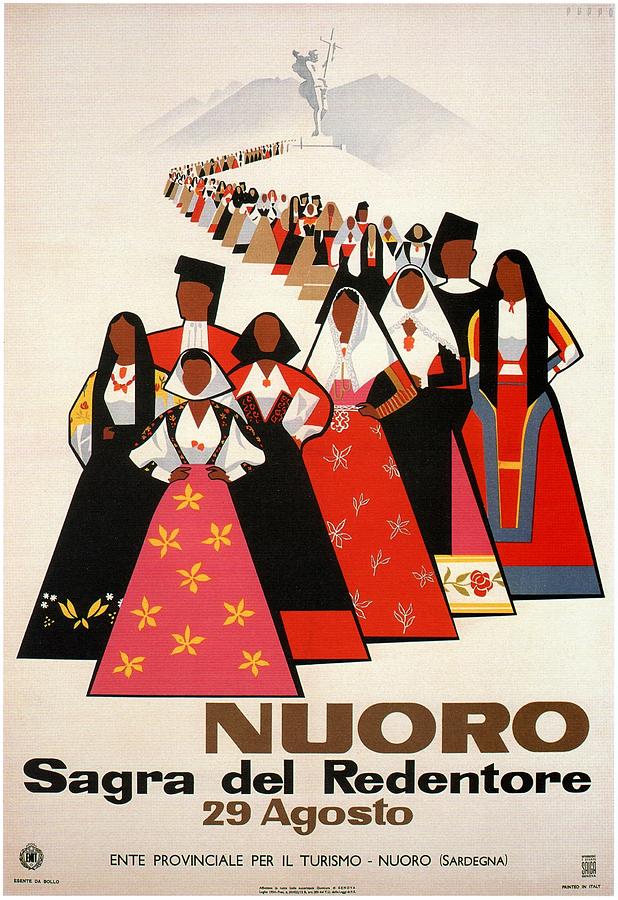 Nuoro Sardinia, Italy - Vintage Illustrated Poster of the people in Traditional Costumes Painting by Studio Grafiikka