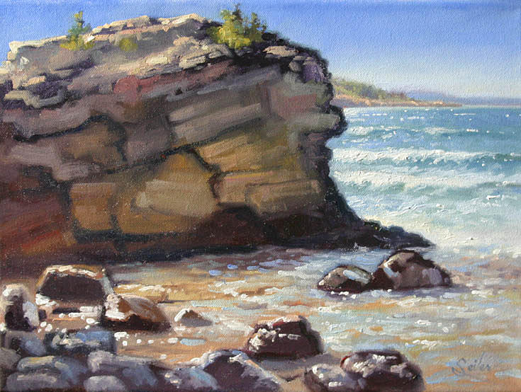 Landscape Painting - NW Rocks n Surf- Presque Isle Park- Plein air by Larry Seiler