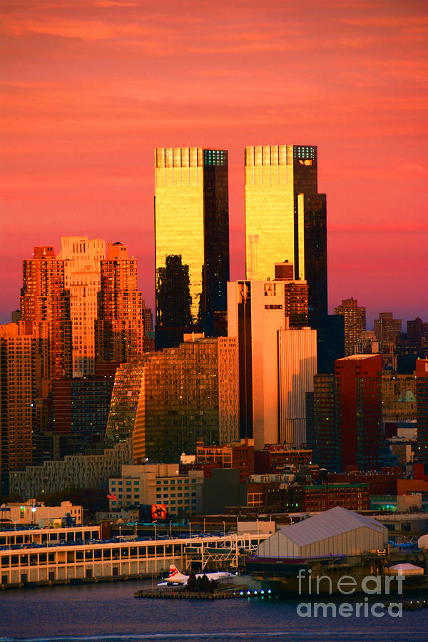 Sunset Photograph - NY Skyline Time Warner Towers Sundown by Regina Geoghan