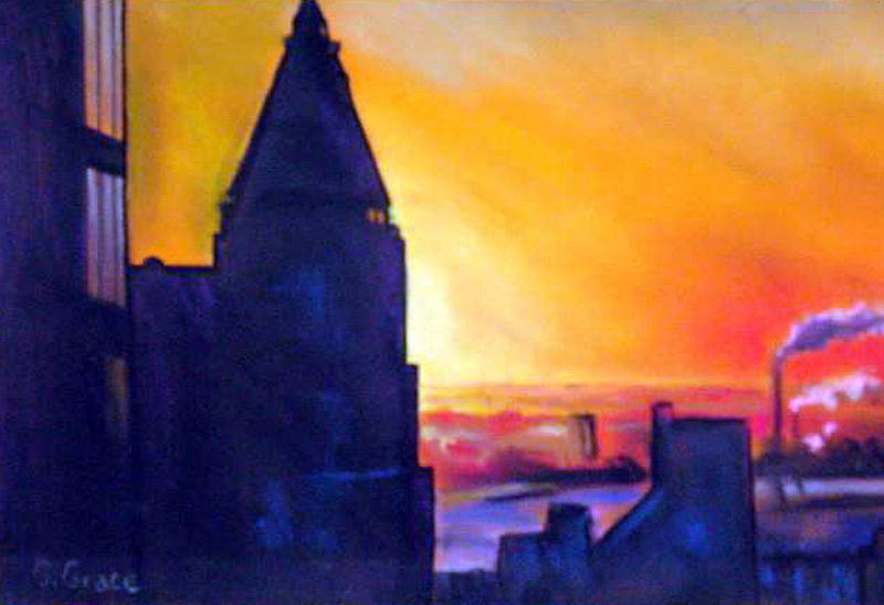 Sunset Painting - NY Skyline Winter Sunset by George Grace