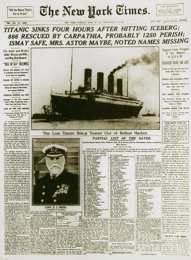 Ny Times, Sinking Of The Titanic, 1912 Photograph by Photo Researchers